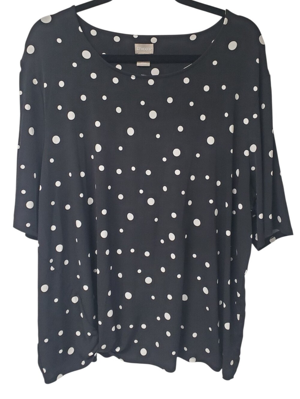 Chicos Business Casual Officw White Polka Dot On Black Twist Knot Blouse XXL